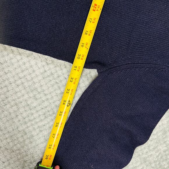 Vtg ORVIS Navy Blue Brown Leather Sherpa Collar Wool Blend Quarterzip Sweater - Picture 4 of 6